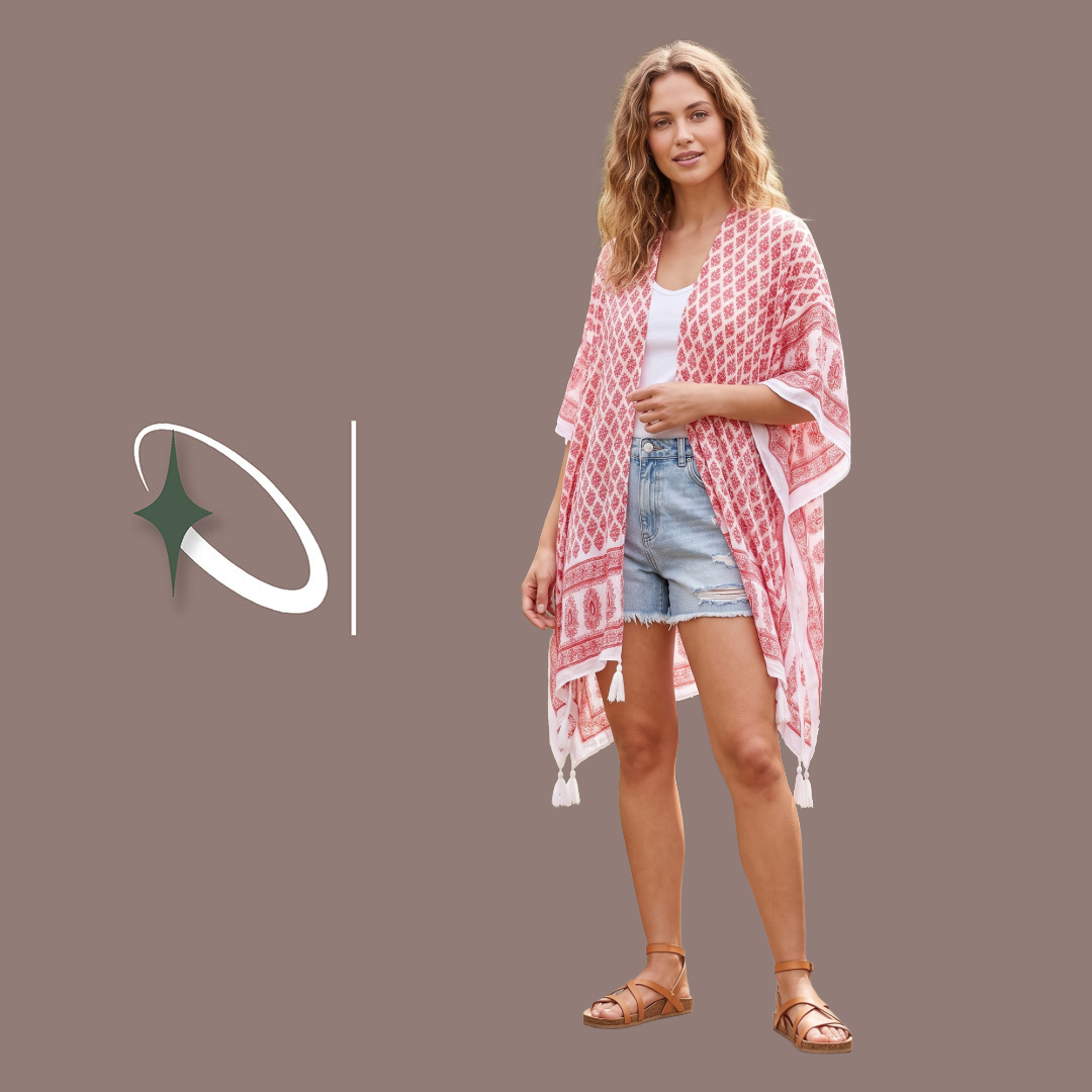 Red & White Patterned Boho Kimono / Beach Cover-Up (Preloved)