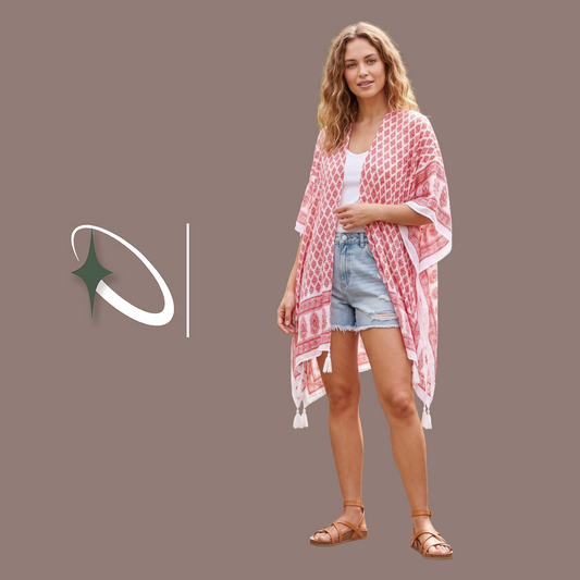 Red & White Patterned Boho Kimono / Beach Cover-Up (Preloved)