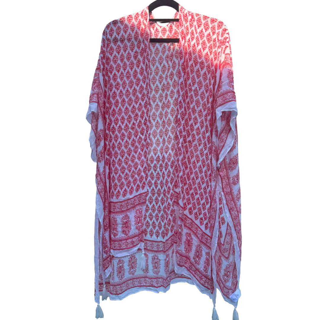 Red & White Patterned Boho Kimono / Beach Cover-Up (Preloved)