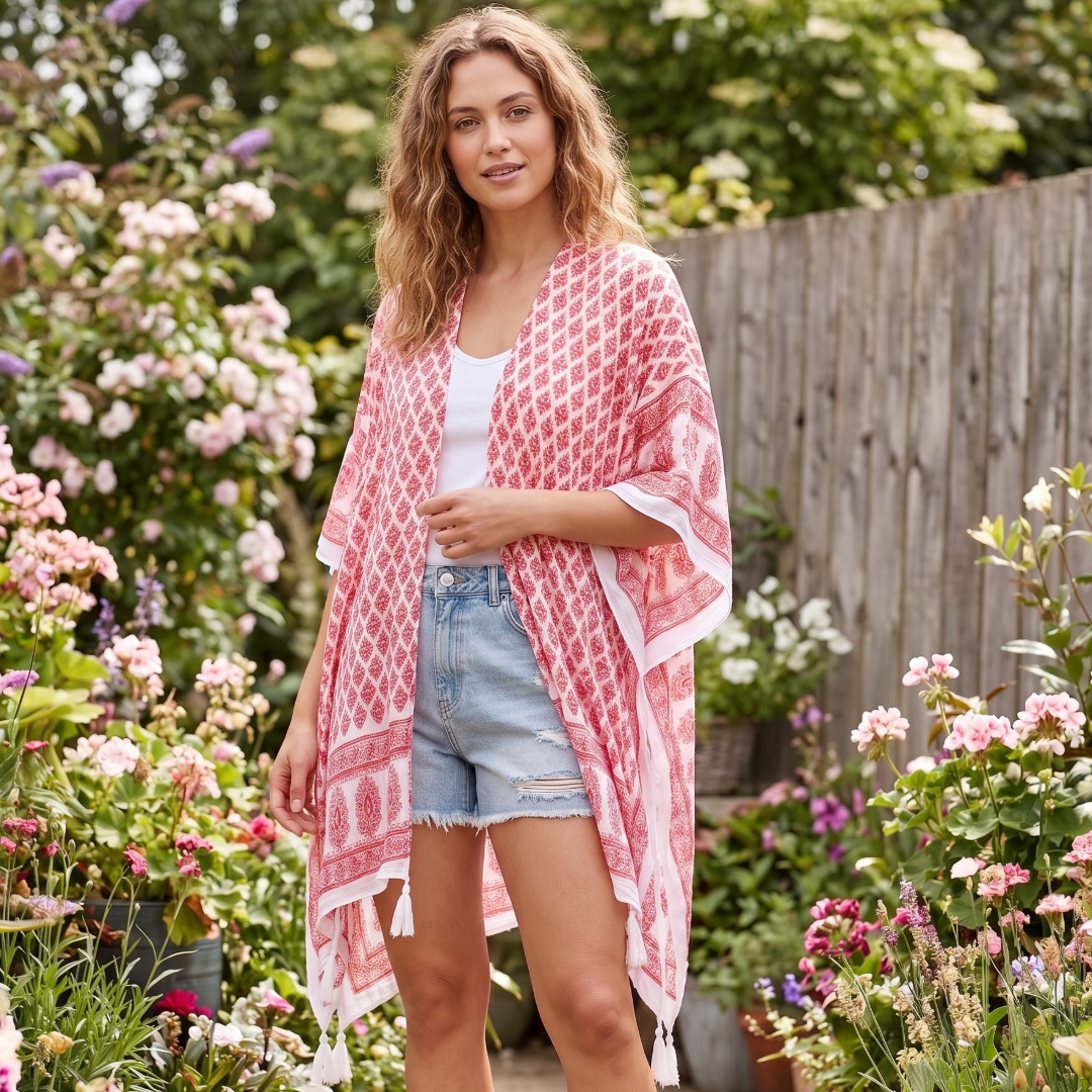 Red & White Patterned Boho Kimono / Beach Cover-Up (Preloved)