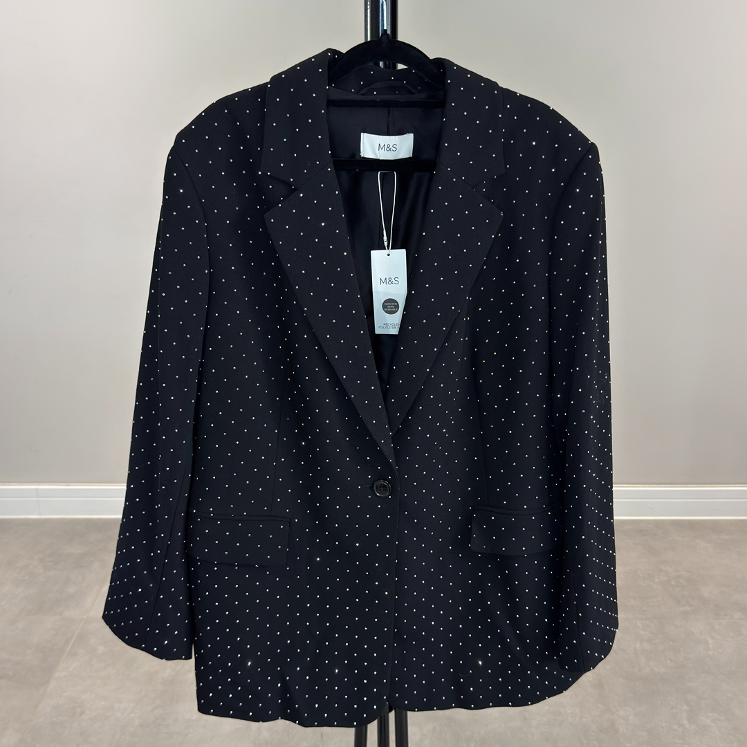 Marks & Spencer Black Tailored Jacket With All-Over Sparkle (Preloved)