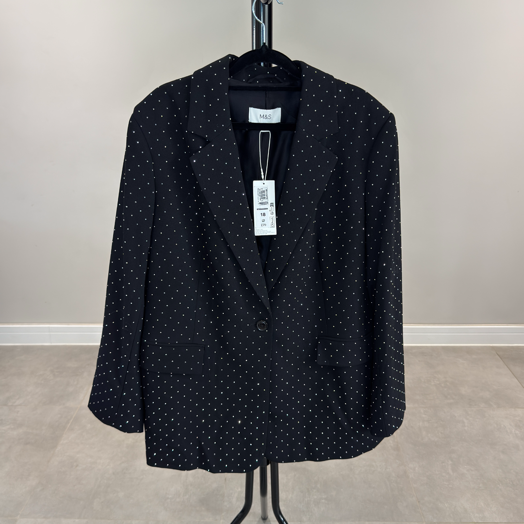 Marks & Spencer Black Tailored Jacket With All-Over Sparkle (Preloved)