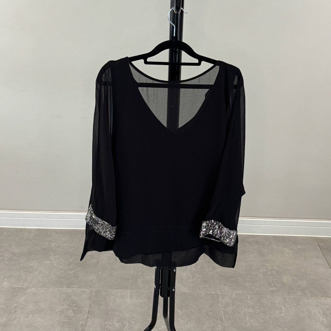 Mint Velvet Black Chiffon Embellished Top (Preloved)