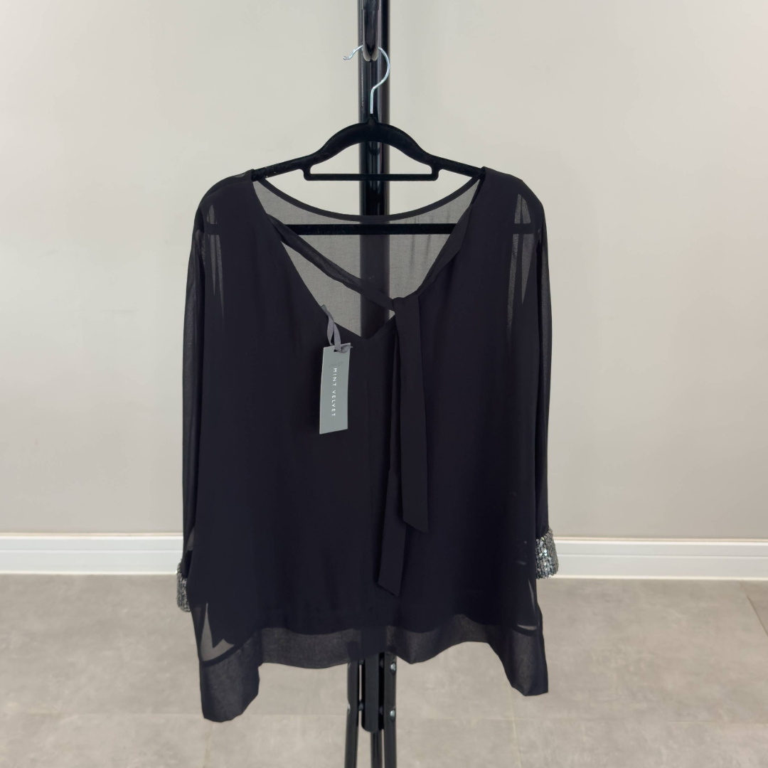 Mint Velvet Black Chiffon Embellished Top (Preloved)