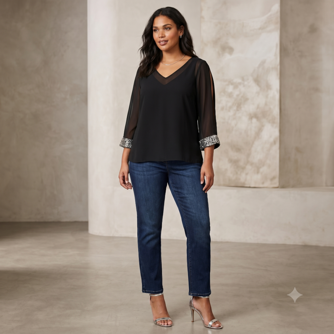 Mint Velvet Black Chiffon Embellished Top (Preloved)
