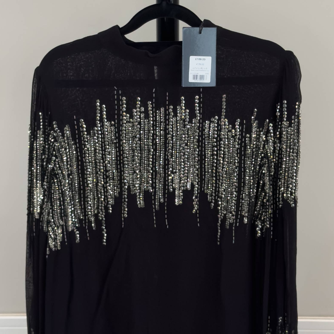Mint Velvet Black Embellished Sequin Mesh Top (Preloved)