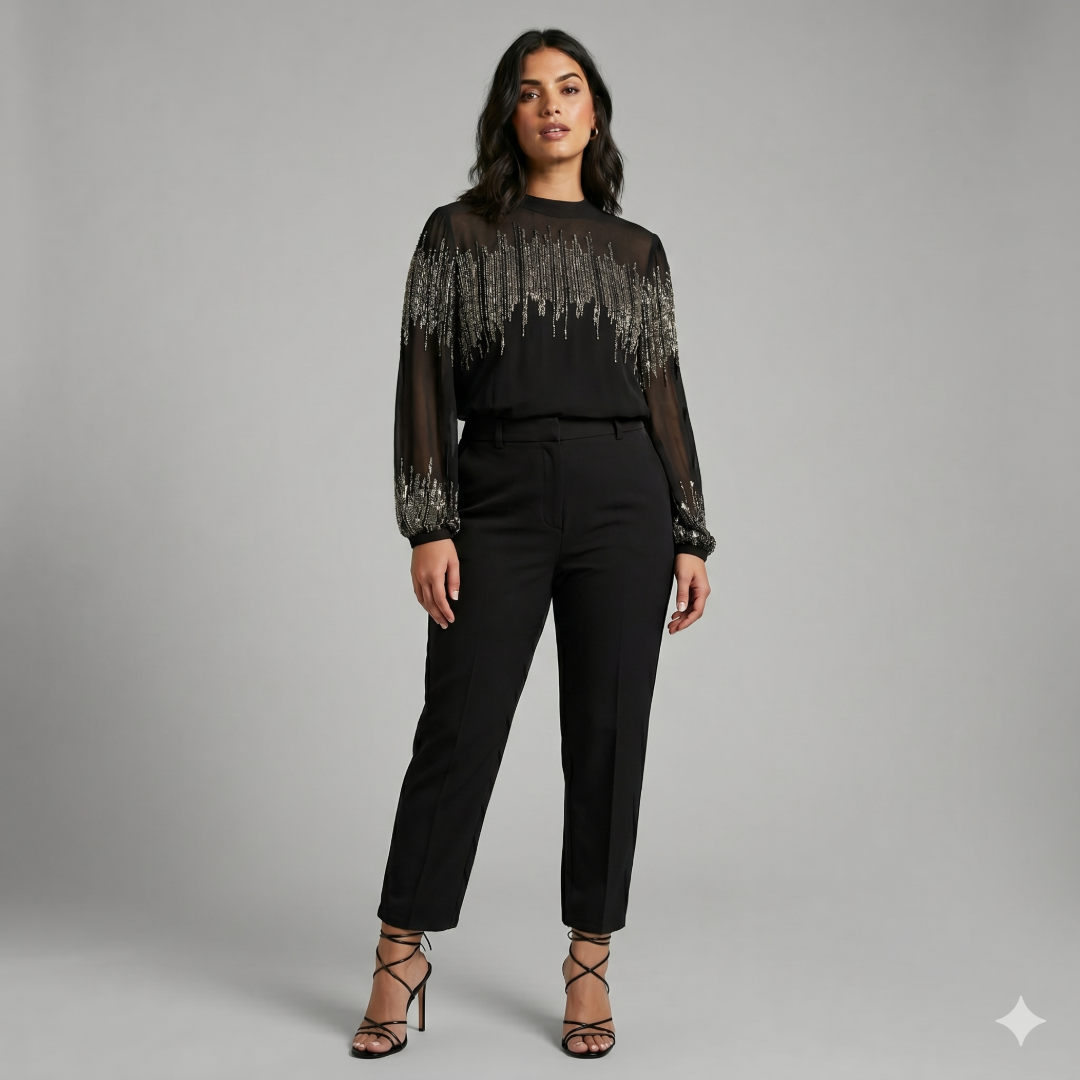 Mint Velvet Black Embellished Sequin Mesh Top (Preloved)