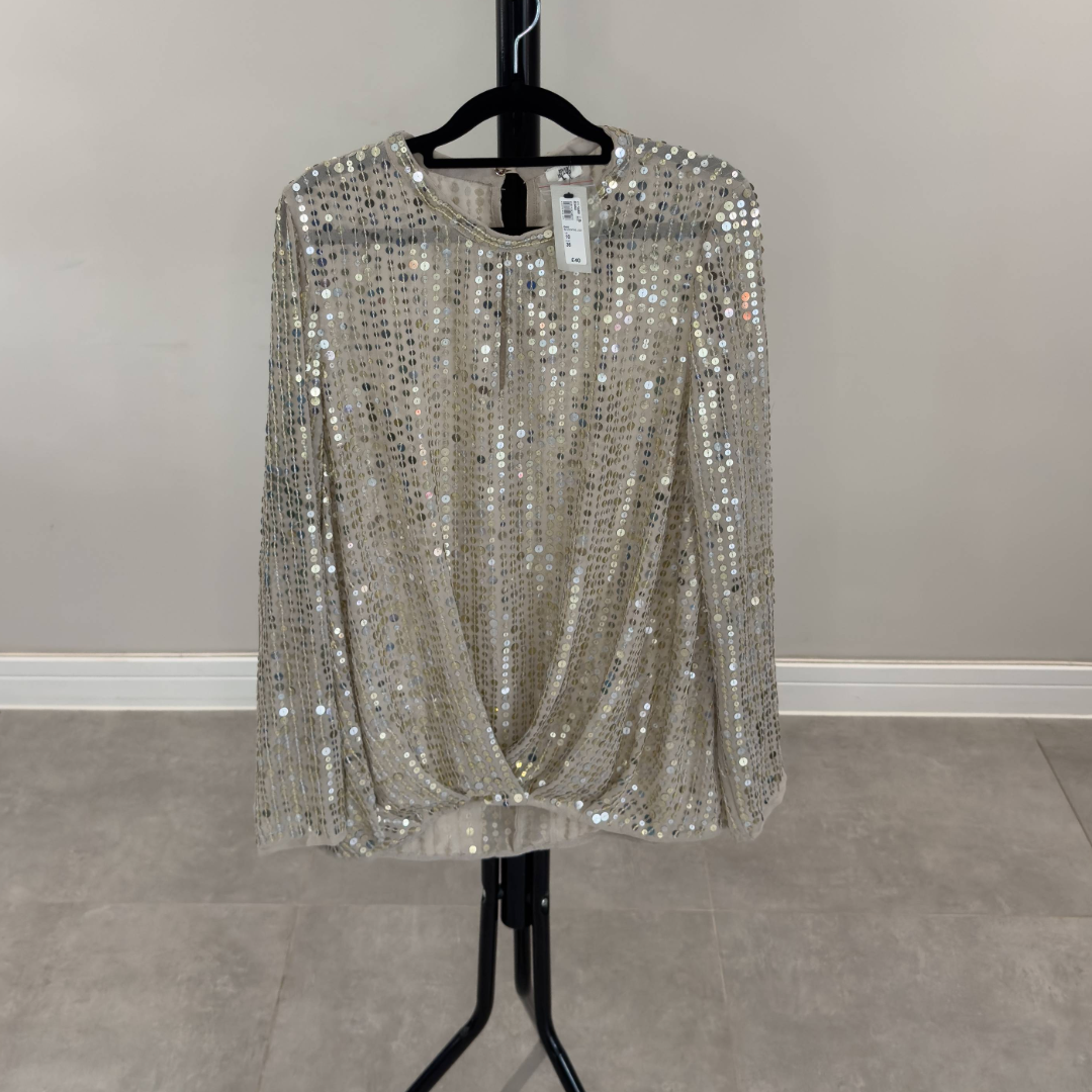 River Island Champagne Sequin Drape Wrap Top Blouse (Preloved)
