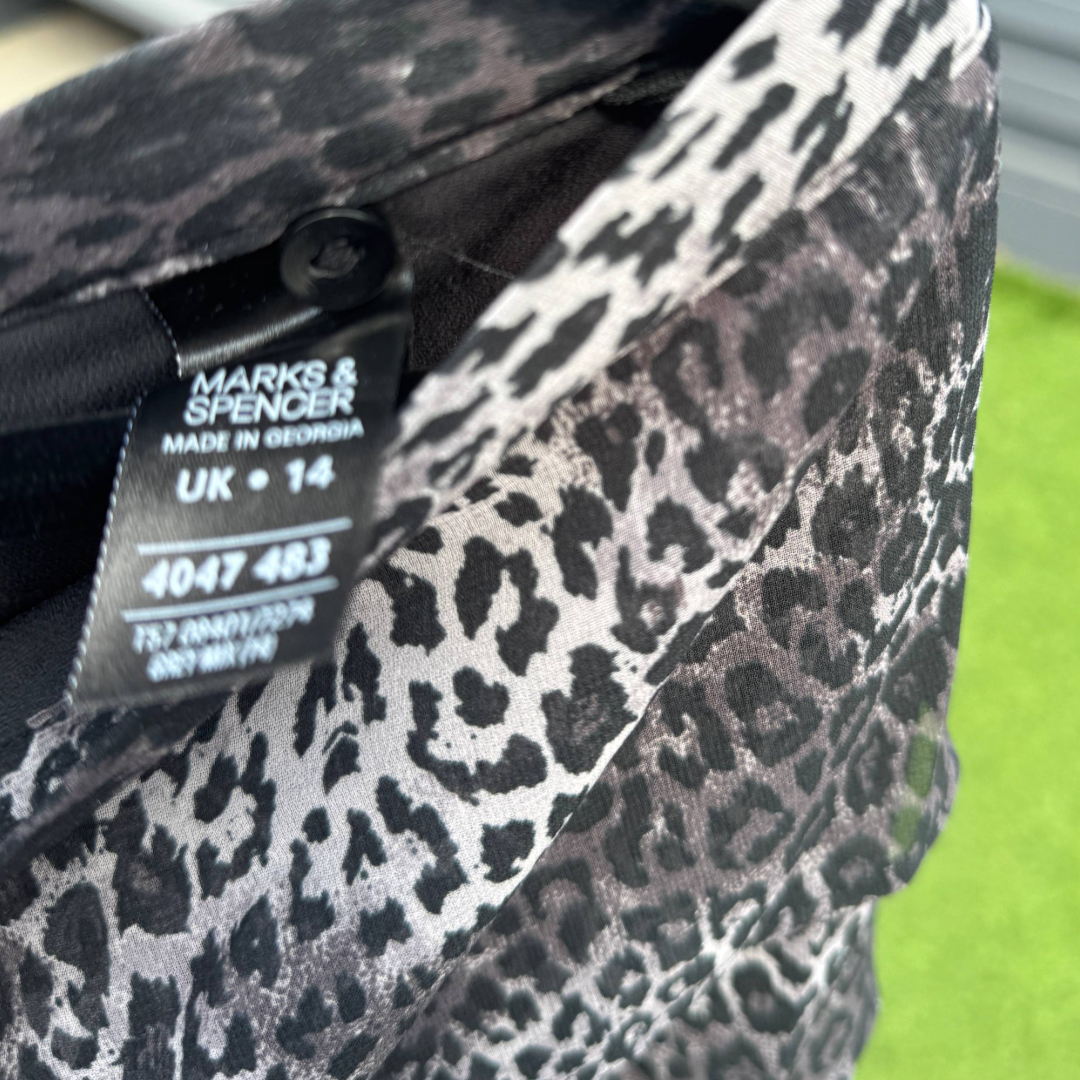 M&S Grey Leopard Print Tiered Mini Skirt - Size 14 (Preloved)
